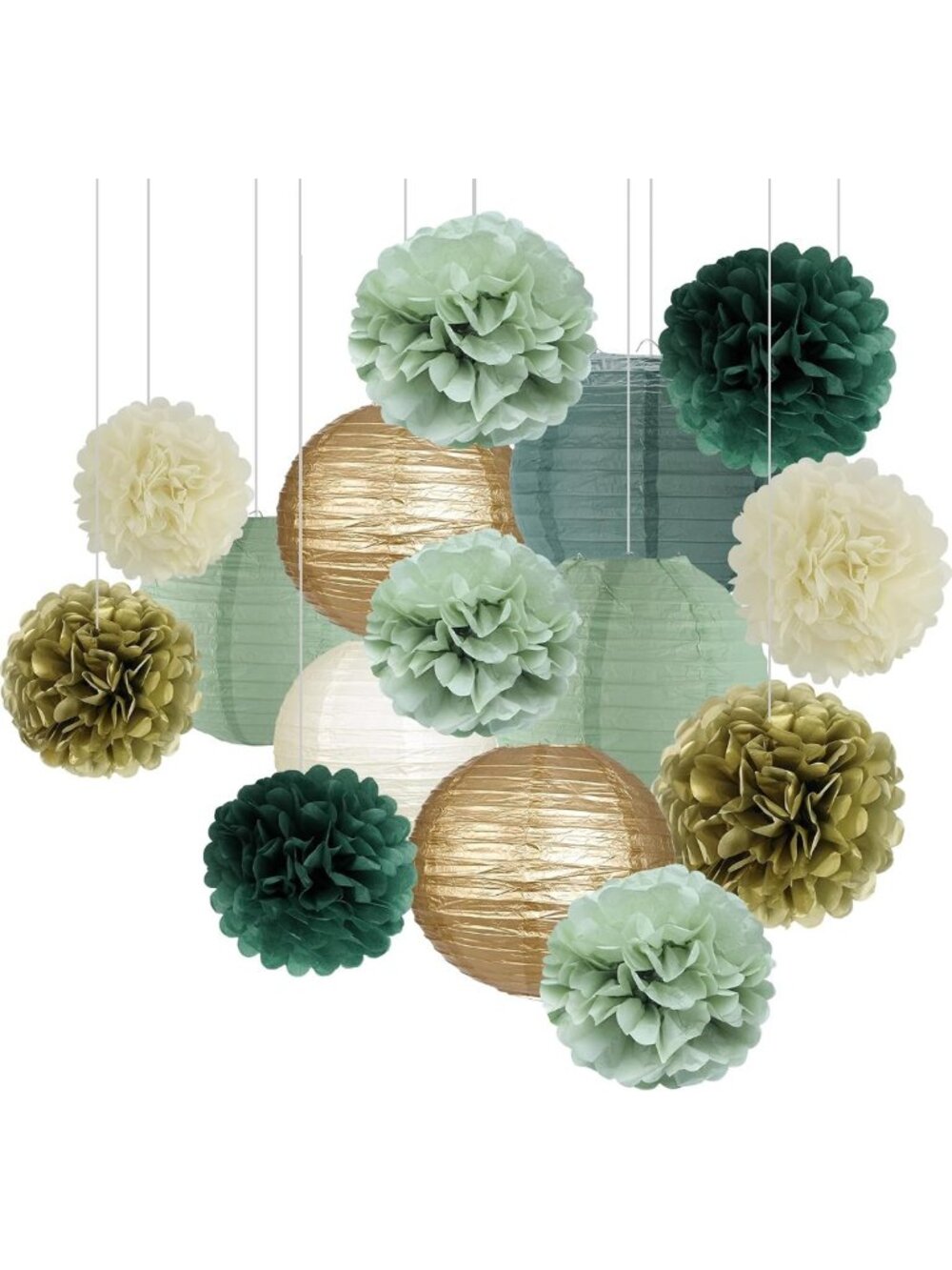 Sage Green Paper Lanterns & Pom Poms - 15pcs Party Decorations for Events